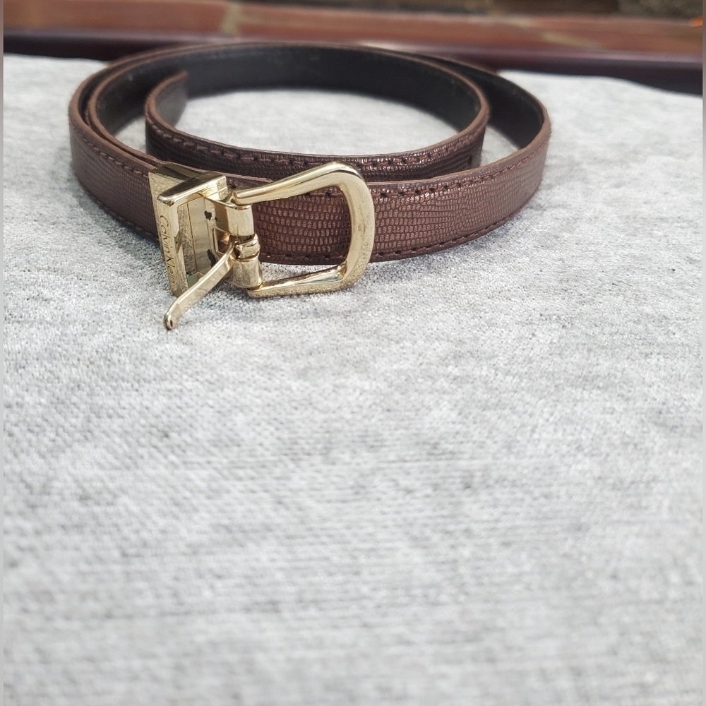 CALVIN KLEIN FANCY BROWN LEATHER THIN PANTS BELT GOLD METAL SQUARE BUCKLE SZ L.